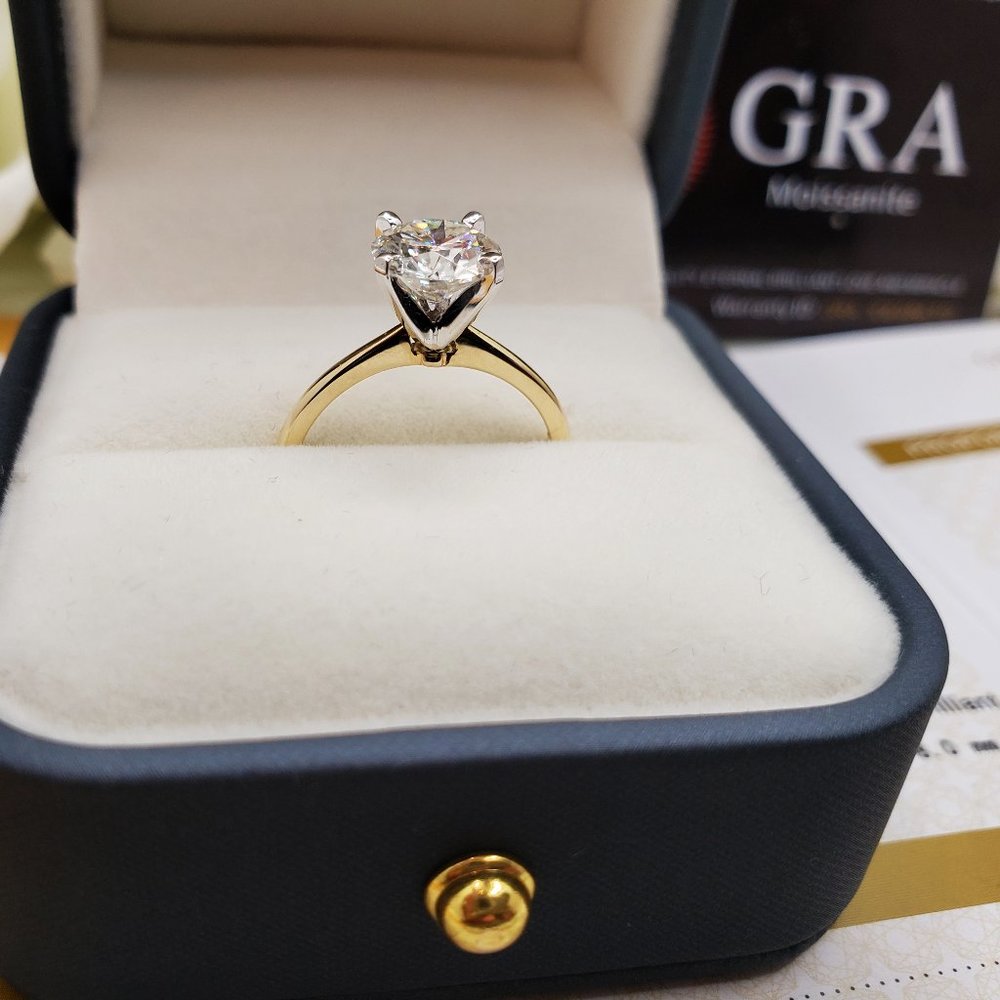 14K  Solid Yellow Gold 2 Carats Round Moissanite Solitaire Engagement Ring D-FL